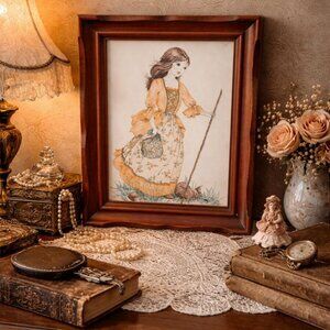 Vintage Framed Art Print – Girl in Country Dress with Bonnet Bag